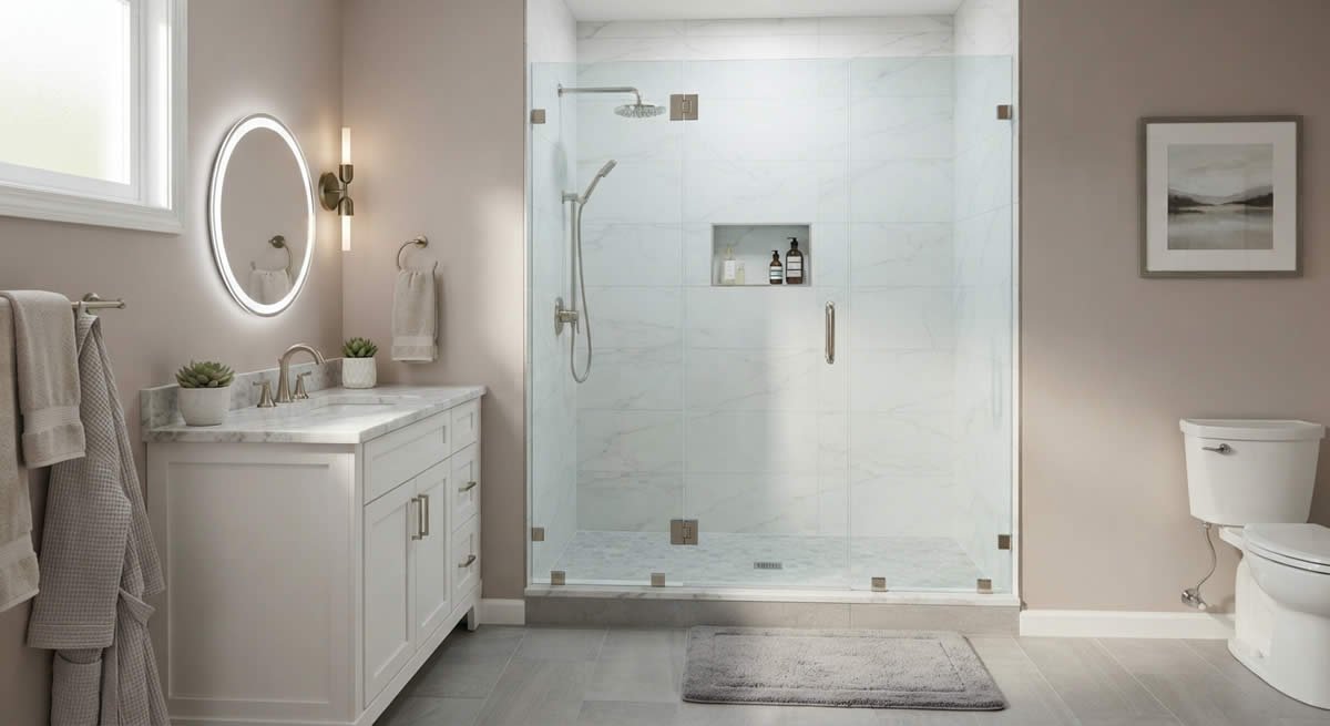 Remodeled bathroom with frameless glass shower door and porcelain tile in a New Jersey home