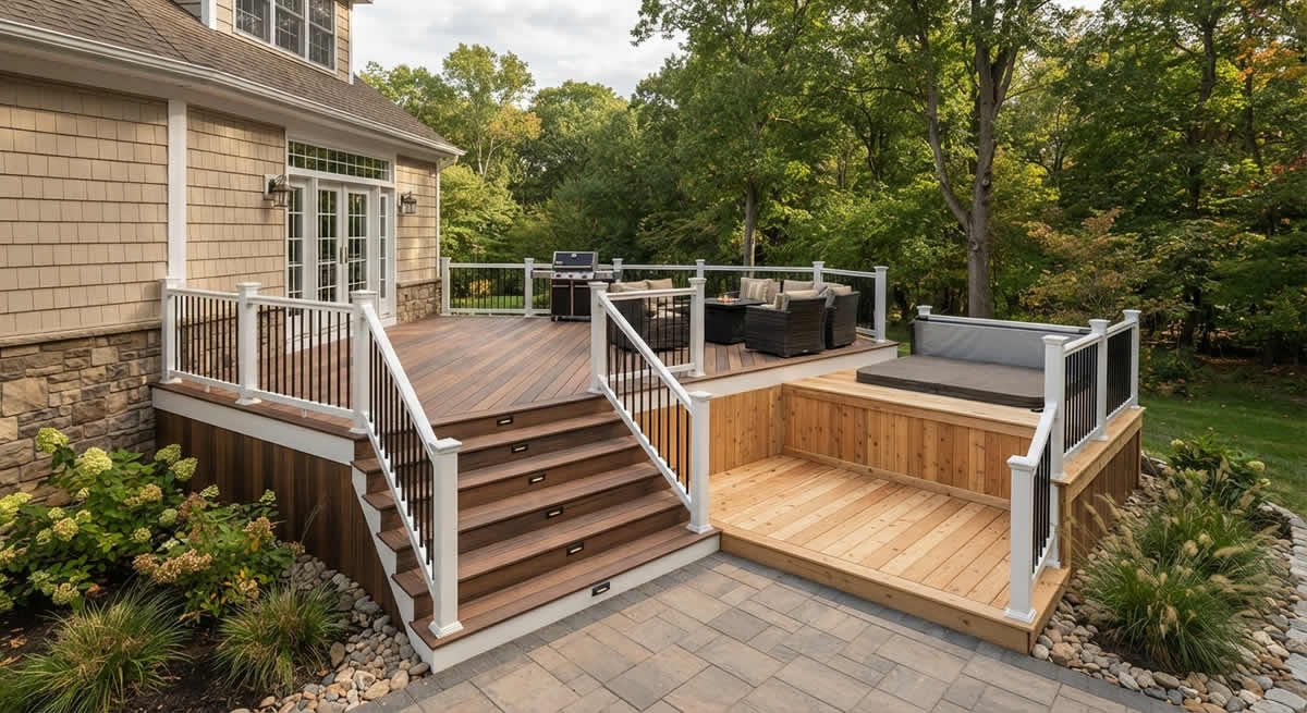 Newly installed composite and wood decking on a backyard deck in New Jerse