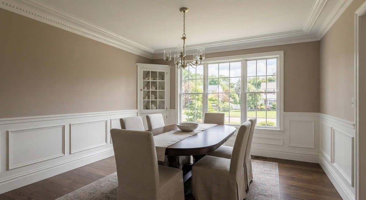 Crown molding, baseboards and wainscoting installed in a dining room in New Jersey
