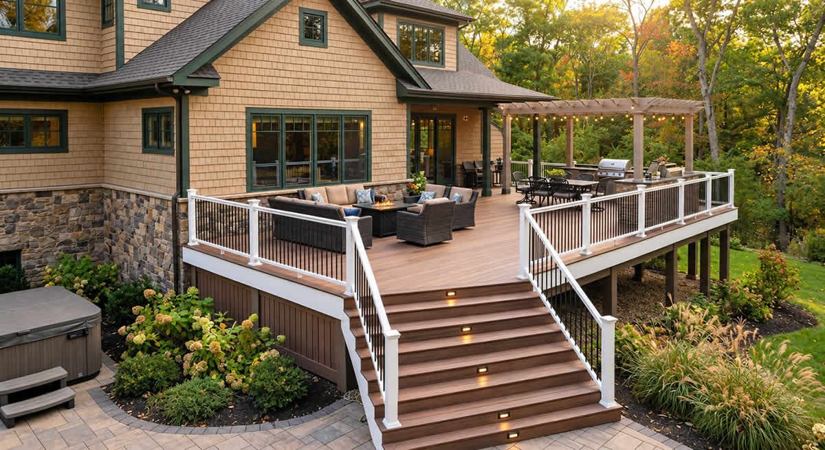 Custom backyard deck with railings and stairs built for a home in Northern New Jersey