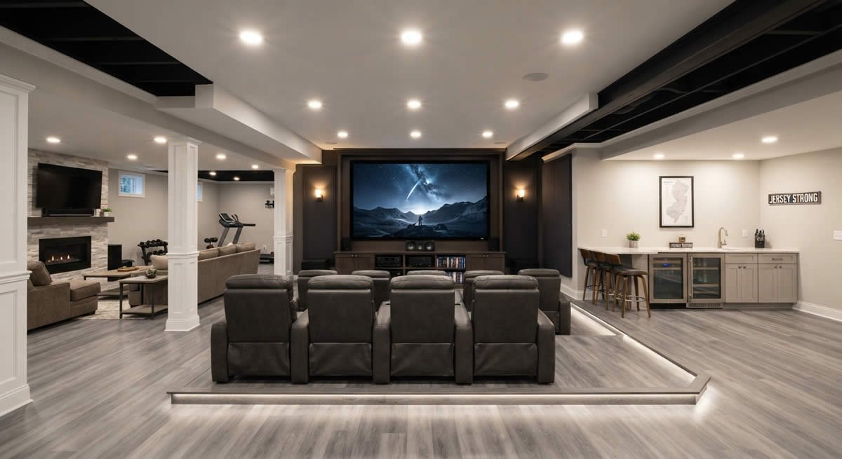 Finished basement remodel with home theater area and recessed lighting in a New Jersey home