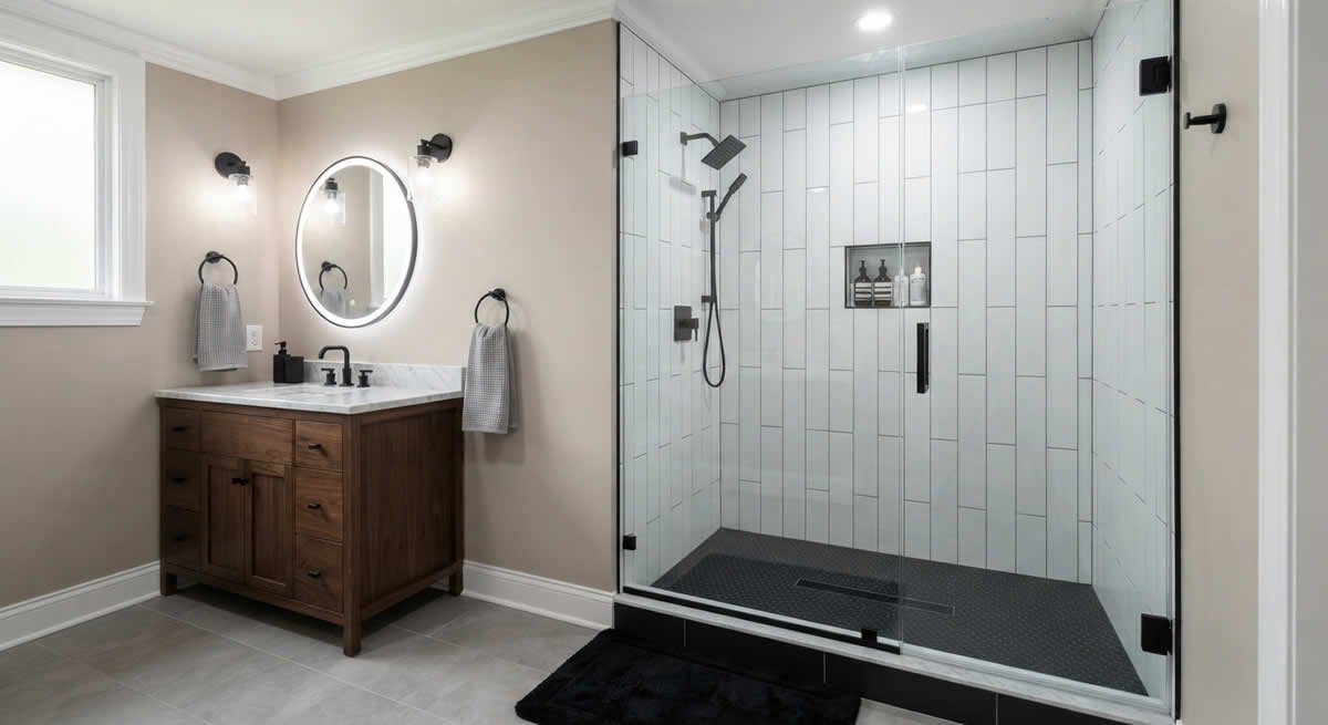 Frameless glass shower door with matte black hardware in a remodeled New Jersey bathroom