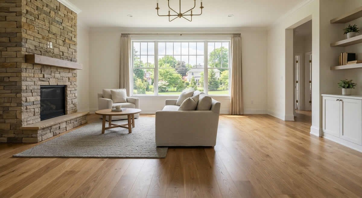 Newly installed oak hardwood flooring in a living room in New Jersey