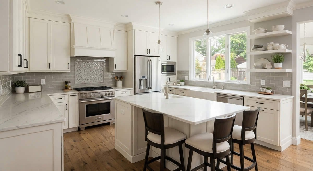 Remodeled kitchen with quartz countertops, tile backsplash and custom cabinets in a New Jersey home