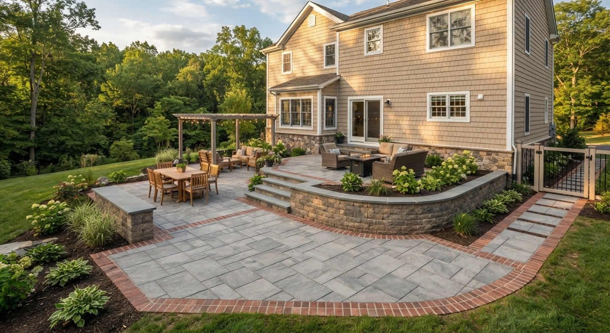 Paver patio with brick border and retaining wall installed at a home in New Jersey