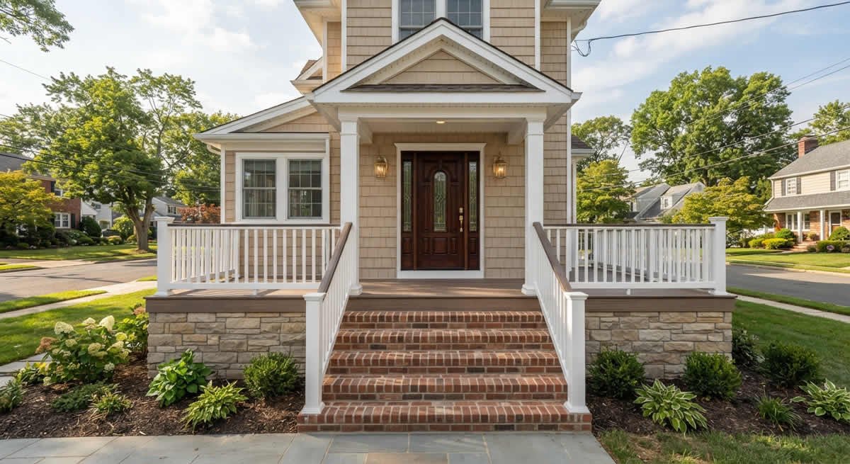Newly built front porch with brick steps and railing on a home in New Jersey