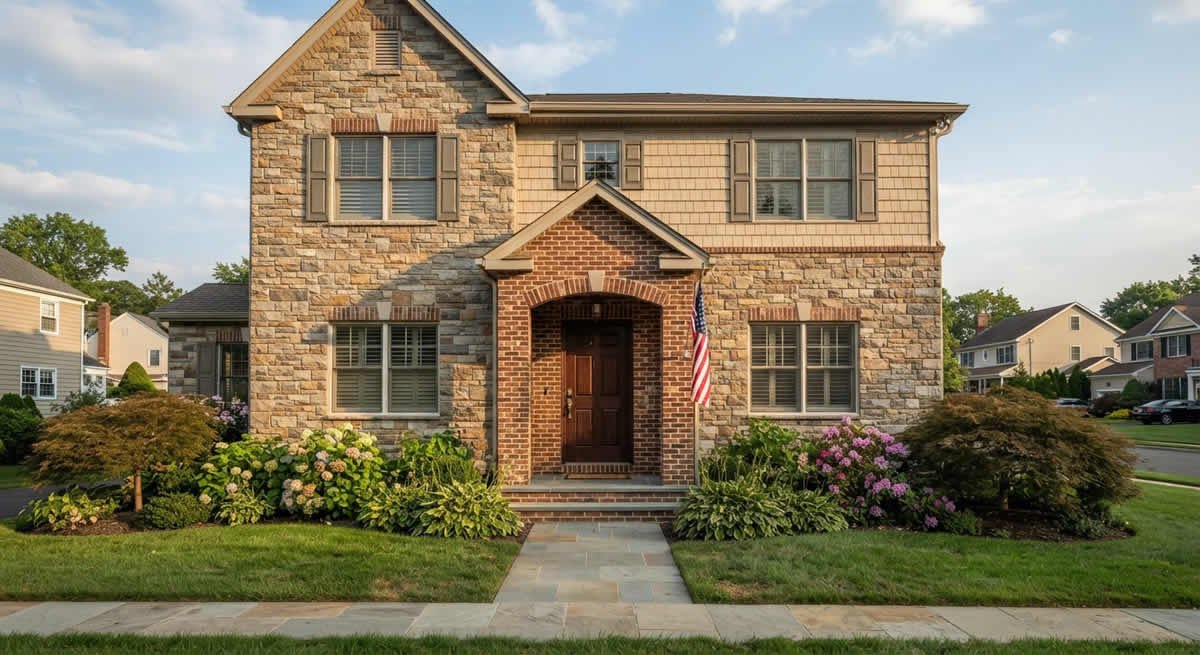 Stone veneer facade accent and brick entry on a home in New Jersey