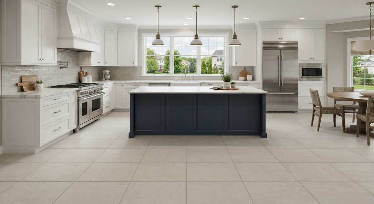 Porcelain tile flooring with straight grout lines installed in a kitchen in New Jersey